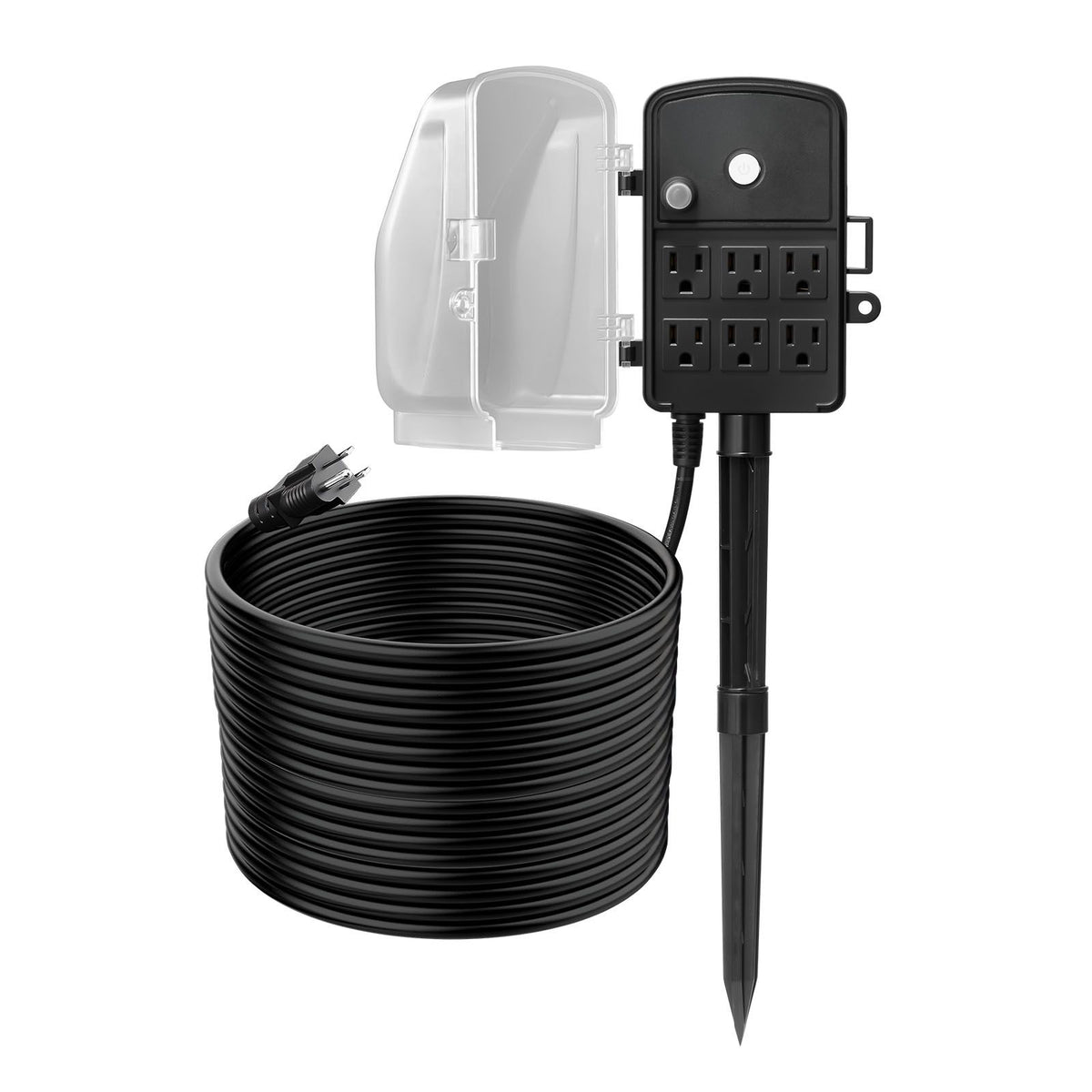 outdoor power stake, 50 ft extension cord, outdoor power strip weatherproof with cover and overload protection, 6 outlets, 15a/1875w, waterproof multi-outlet yard stake for christm