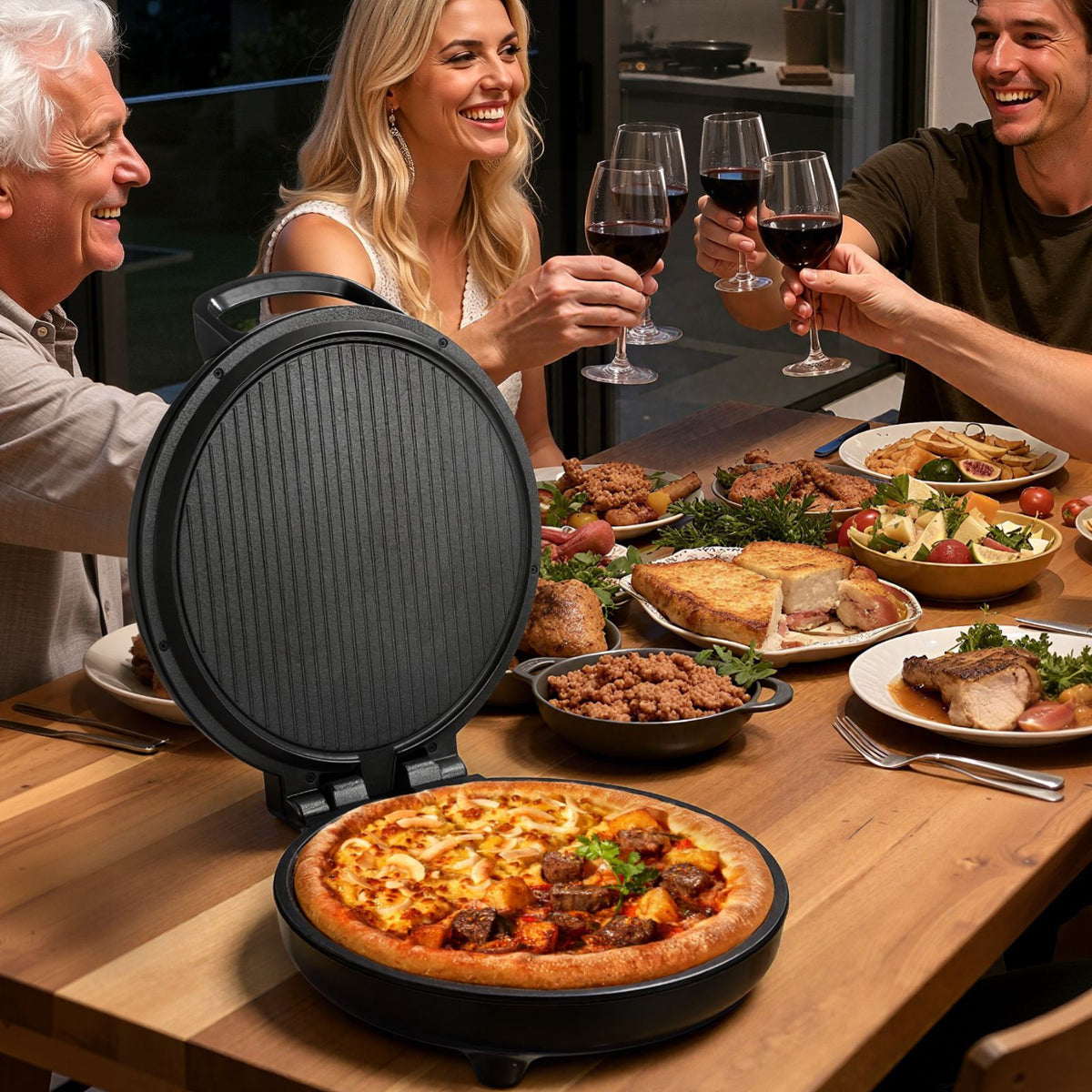 pizza oven, 12 in electric pizza maker, 1200w electric pizzas cooker with non-stick coating, 180° open for dual side baking, heats up to 410 ˚f, multi-function cooking, for pizzas, barbecue