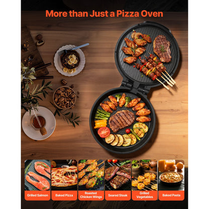 Pizza Oven, 12 in Electric Pizza Maker, 1200W Electric Pizzas Cooker with Non-Stick Coating, 180° Open for Dual Side Baking, Heats up to 410 ˚F, Multi-Function Cooking, for Pizzas, Barbecue
