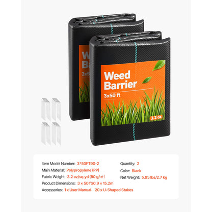 Weed Barrier Fabric Heavy Duty, 2 Packs 3x50FT 3.2oz Weed Blocker Fabric, Woven Landscape Fabrics, Garden Fabrics Weeds Barrier, Weeds Control Ground Cover, Geotextile Webbing, Black
