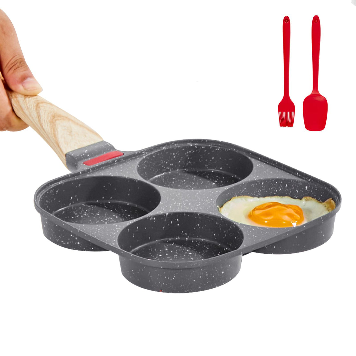 egg pan, 4-cup nonstick egg frying pan, aluminum breakfast omelette skillet for pancakes, hamburgers, sandwiches, with lid, oil brush, scraper, compatible with gas stove & inductio