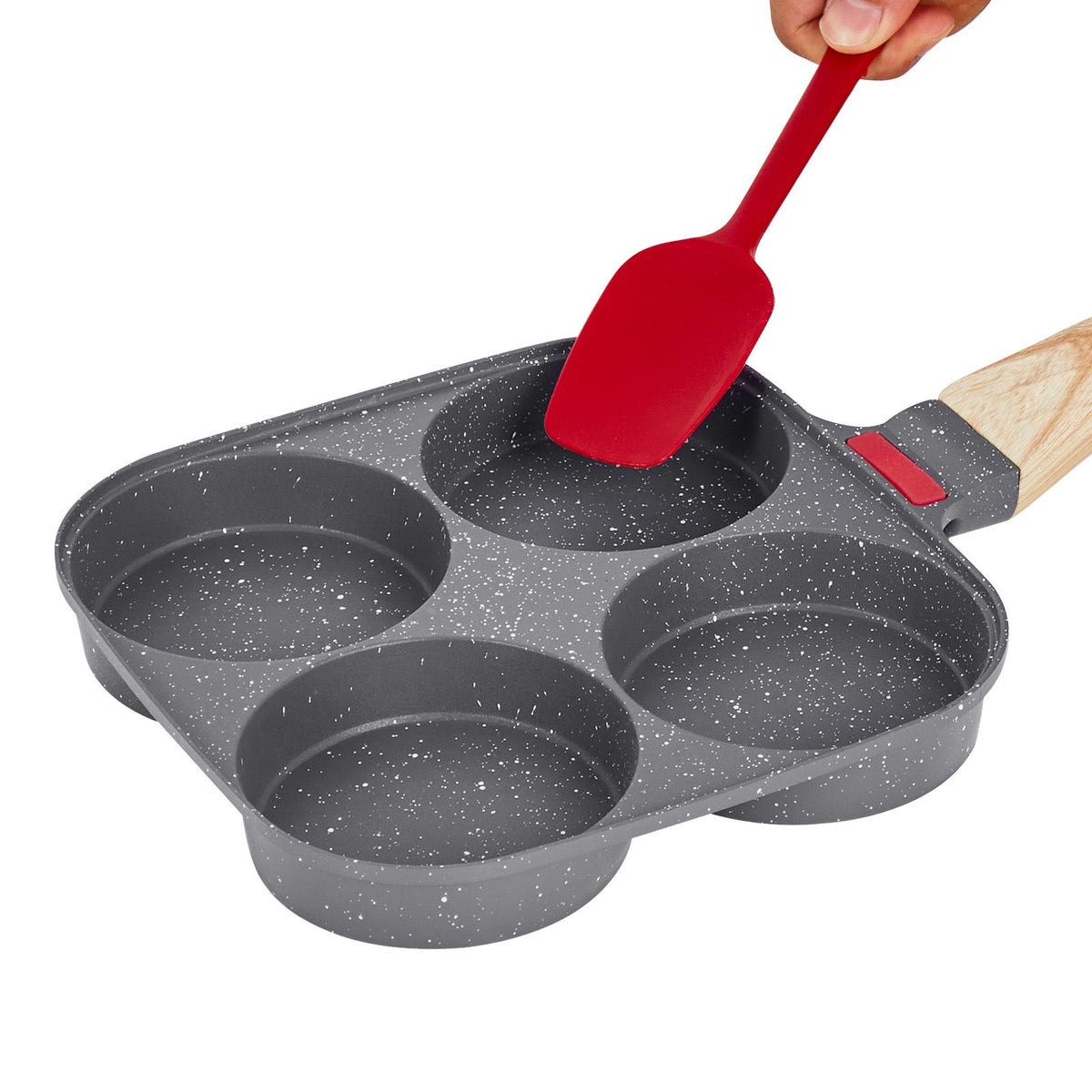 egg pan, 4-cup nonstick egg frying pan, aluminum breakfast omelette skillet for pancakes, hamburgers, sandwiches, with lid, oil brush, scraper, compatible with gas stove & inductio