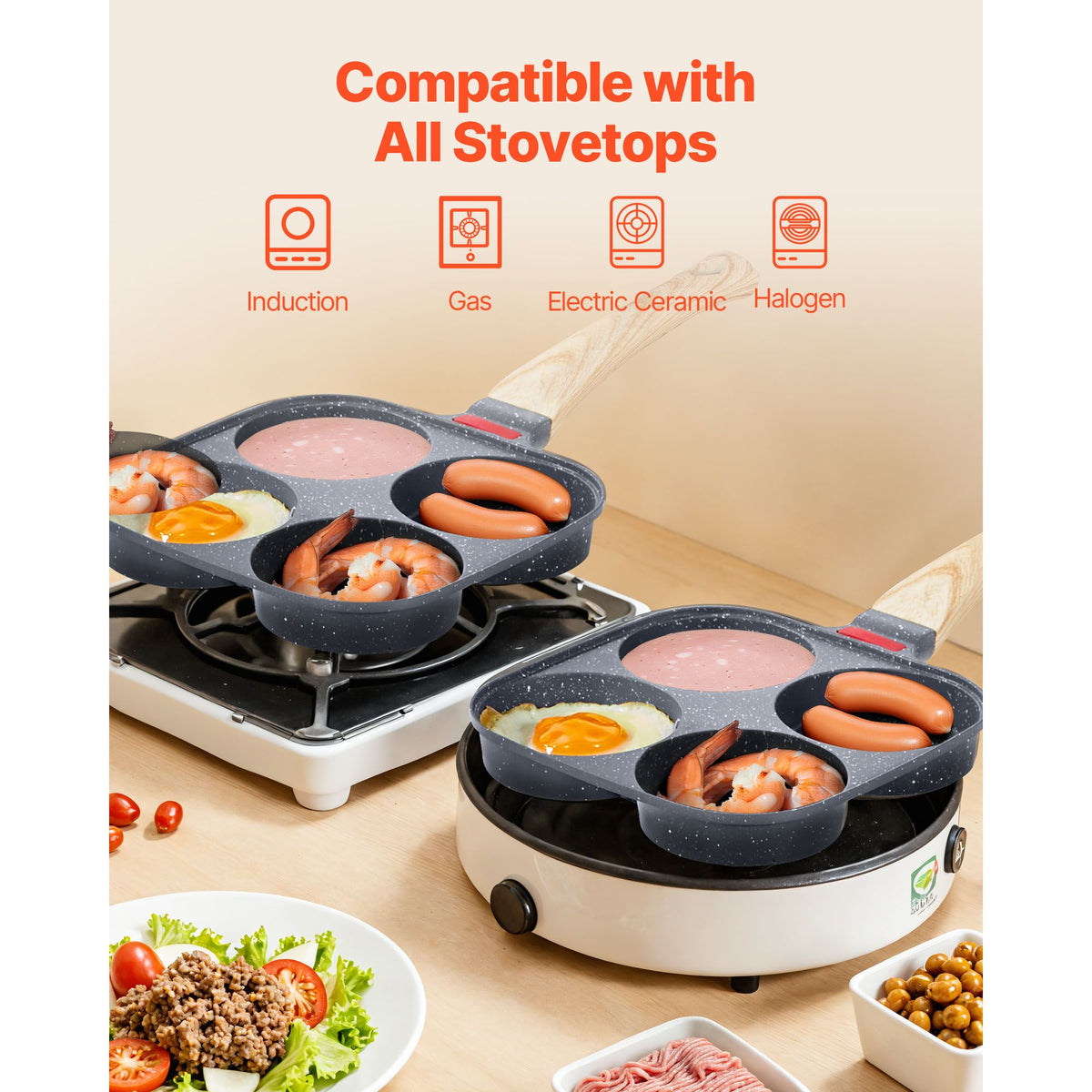 Egg Pan, 4-Cup Nonstick Egg Frying Pan, Aluminum Breakfast Omelette Skillet for Pancakes, Hamburgers, Sandwiches, with Lid, Oil Brush, Scraper, Compatible with Gas Stove & Inductio