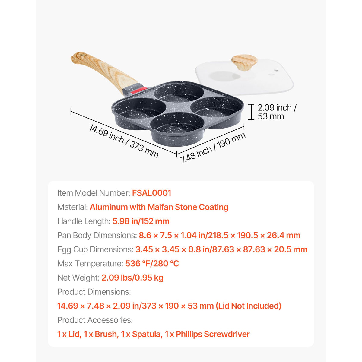 Egg Pan, 4-Cup Nonstick Egg Frying Pan, Aluminum Breakfast Omelette Skillet for Pancakes, Hamburgers, Sandwiches, with Lid, Oil Brush, Scraper, Compatible with Gas Stove & Inductio