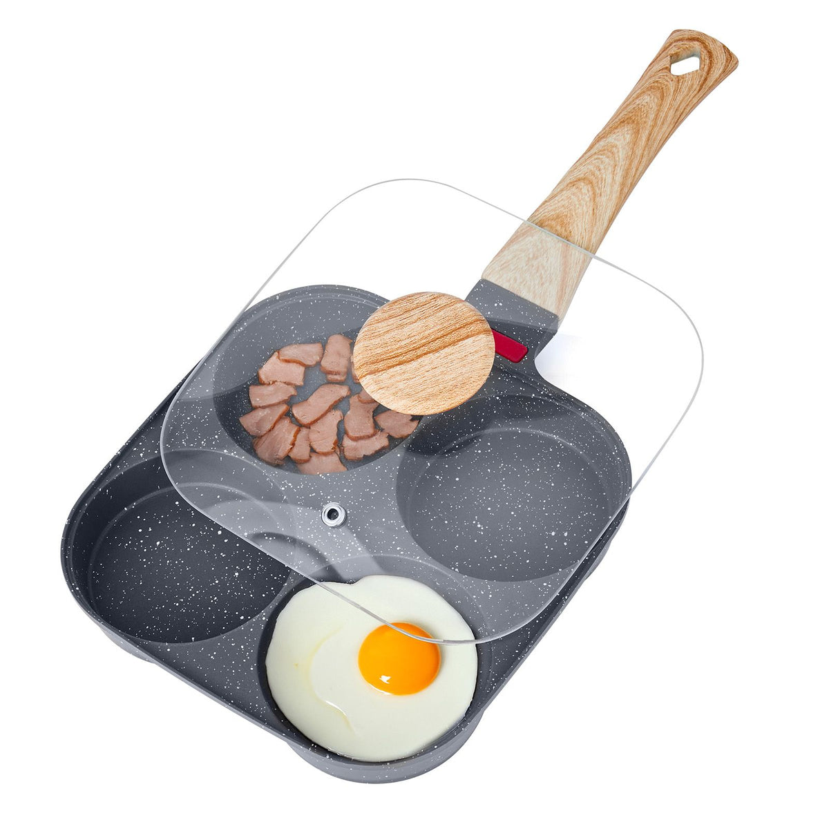 egg pan, 4-cup nonstick egg frying pan, aluminum breakfast omelette skillet for pancakes, hamburgers, sandwiches, with lid, oil brush, scraper, compatible with gas stove & inductio