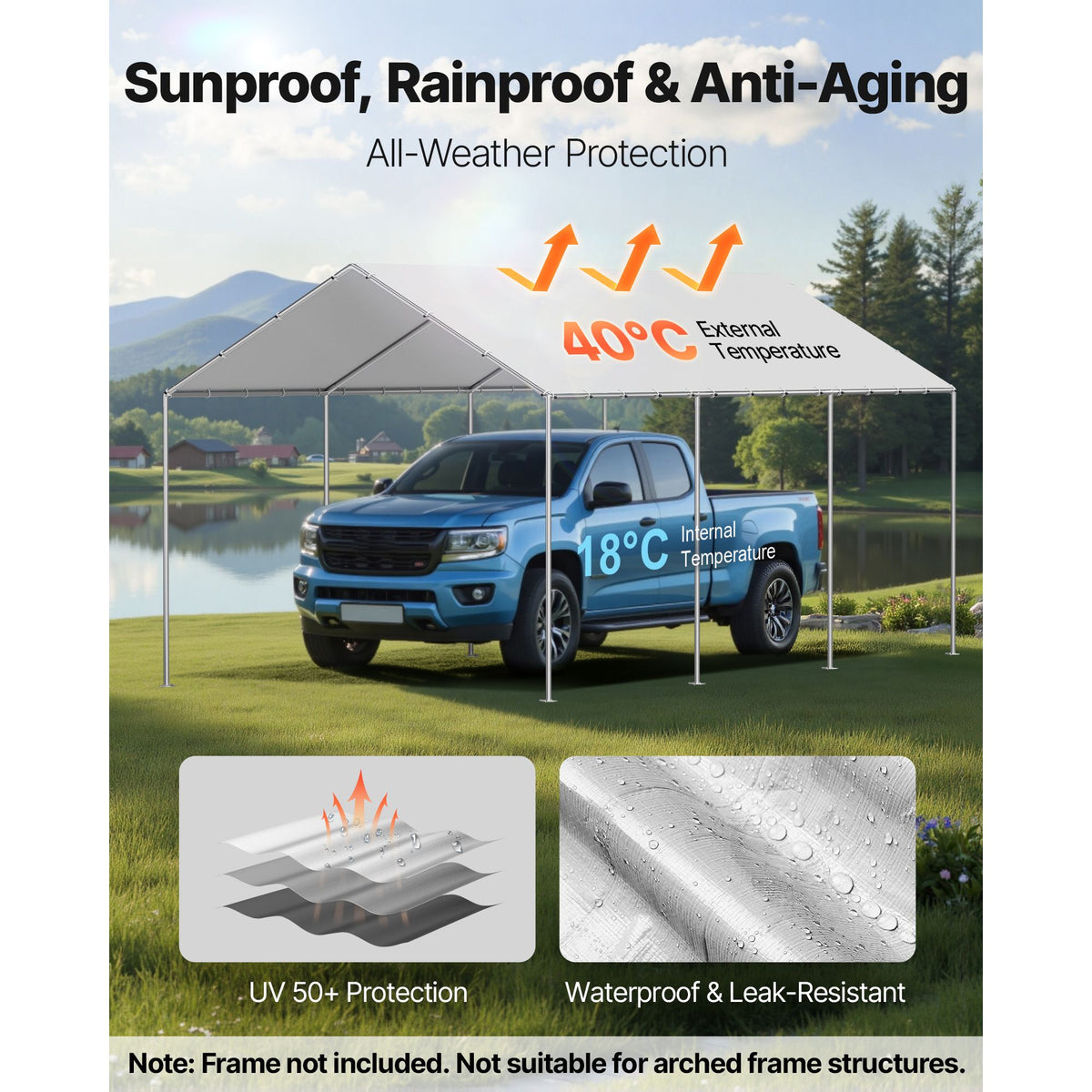 carport replacement canopy, 10 x 20 ft potable garage tent top tarp, uv-resistant & waterproof car shelter tarp, heavy duty car port cover with ball buggees, grey, frame not included