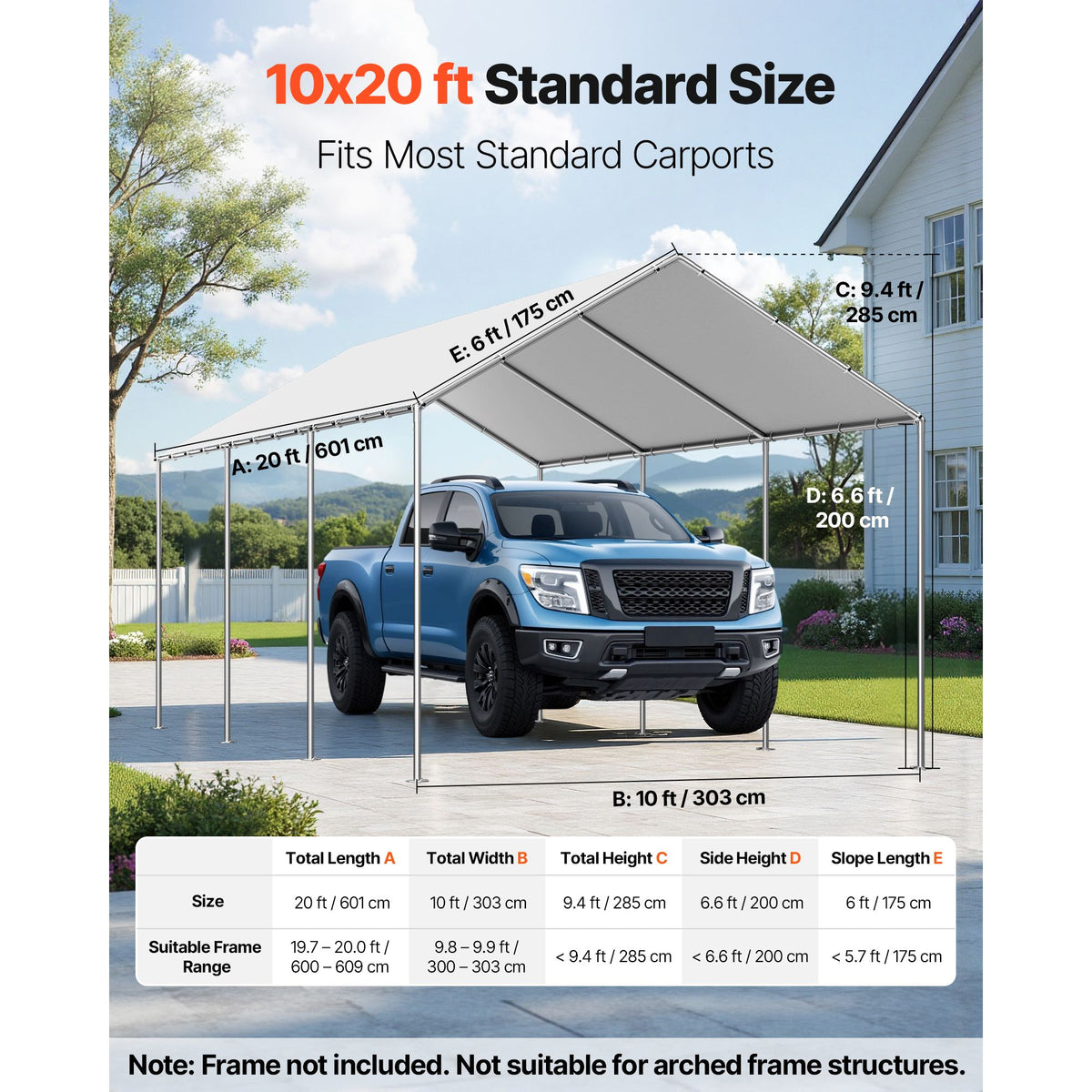 Carport Replacement Canopy, 10 x 20 ft Potable Garage Tent Top Tarp, UV-Resistant & Waterproof Car Shelter Tarp, Heavy Duty Car Port Cover with Ball Buggees, Grey, Frame Not Included