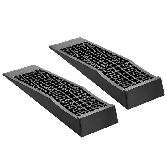 Low-profile polypropylene car service ramps with grooved tire surfaces
