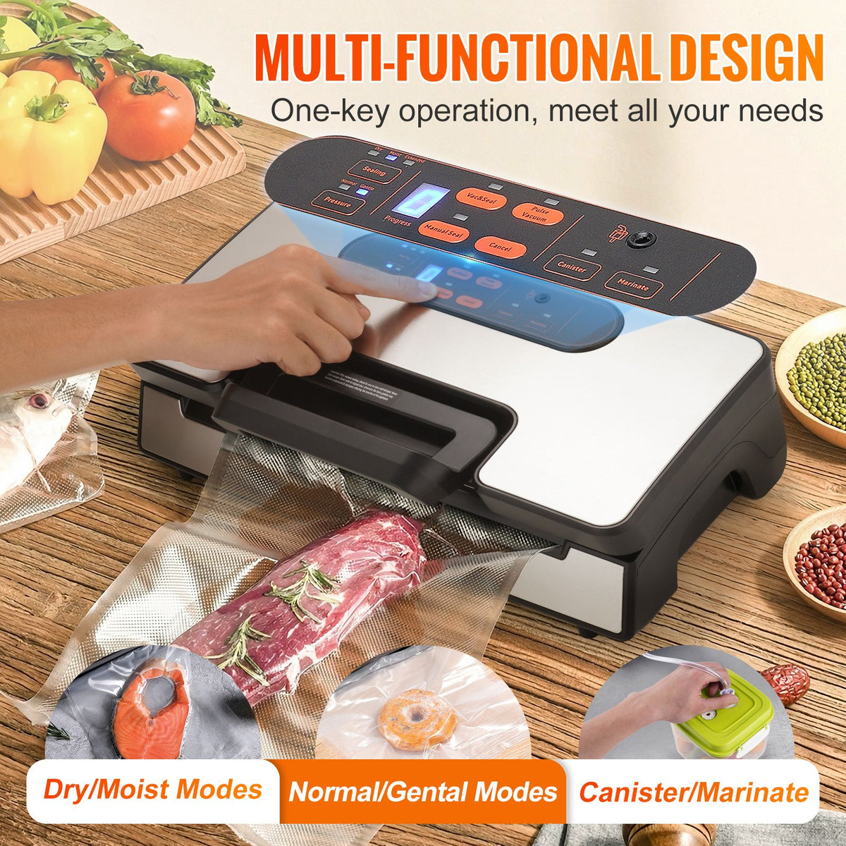 vacuum sealer machine, 90kpa 130w powerful dual pump and dual sealing, dry and moist food storage, automatic and manual air sealing system with built-in cutter, with seal bag and external hose