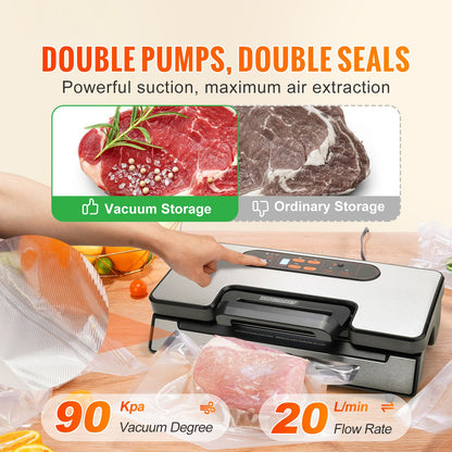 Vacuum Sealer Machine, 90Kpa 130W Powerful Dual Pump and Dual Sealing, Dry and Moist Food Storage, Automatic and Manual Air Sealing System with Built-in Cutter, with Seal Bag and External Hose