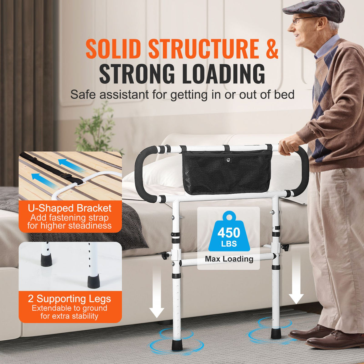 Bed Rails for Elderly Adults, 180° Foldable Bed Assist Rails for Seniors, 450LBS Loading Bed Side Rails Bed Cane with 4-Level Adjustable Handle, Storage Pocket Fits King Queen Full Twin Bed
