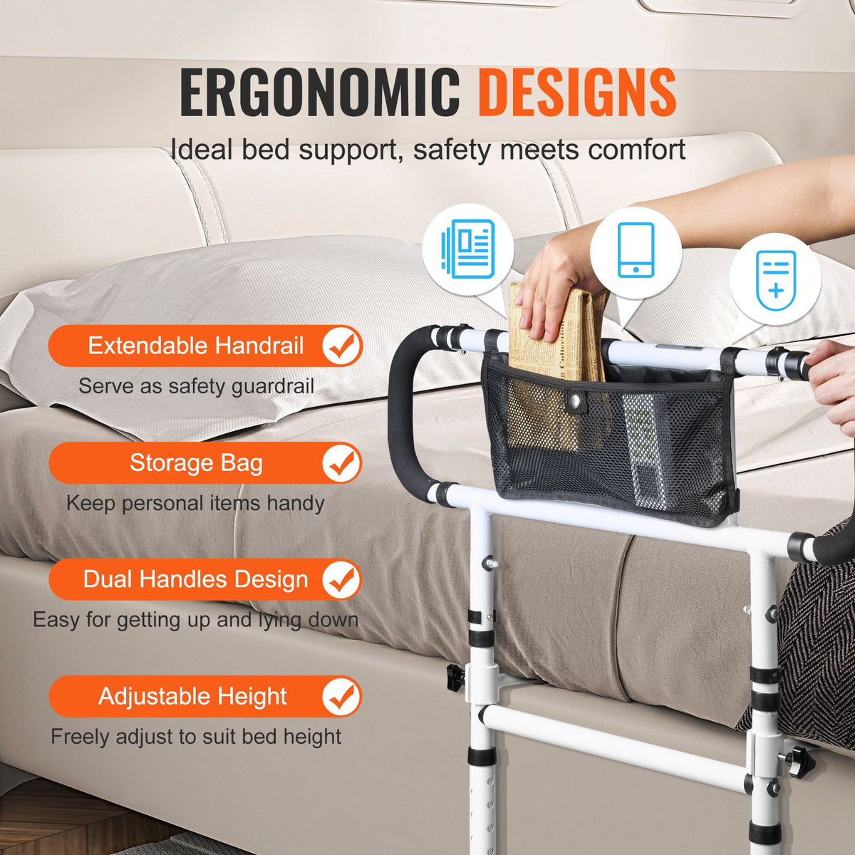 Bed Rails for Elderly Adults, 180° Foldable Bed Assist Rails for Seniors, 450LBS Loading Bed Side Rails Bed Cane with 4-Level Adjustable Handle, Storage Pocket Fits King Queen Full Twin Bed