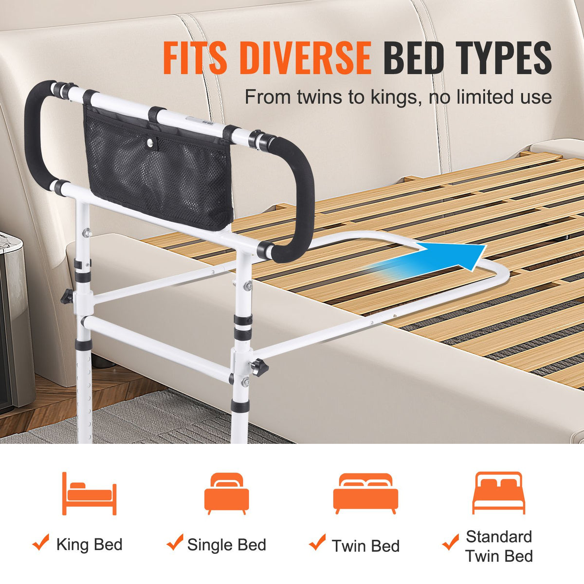 Bed Rails for Elderly Adults, 180° Foldable Bed Assist Rails for Seniors, 450LBS Loading Bed Side Rails Bed Cane with 4-Level Adjustable Handle, Storage Pocket Fits King Queen Full Twin Bed
