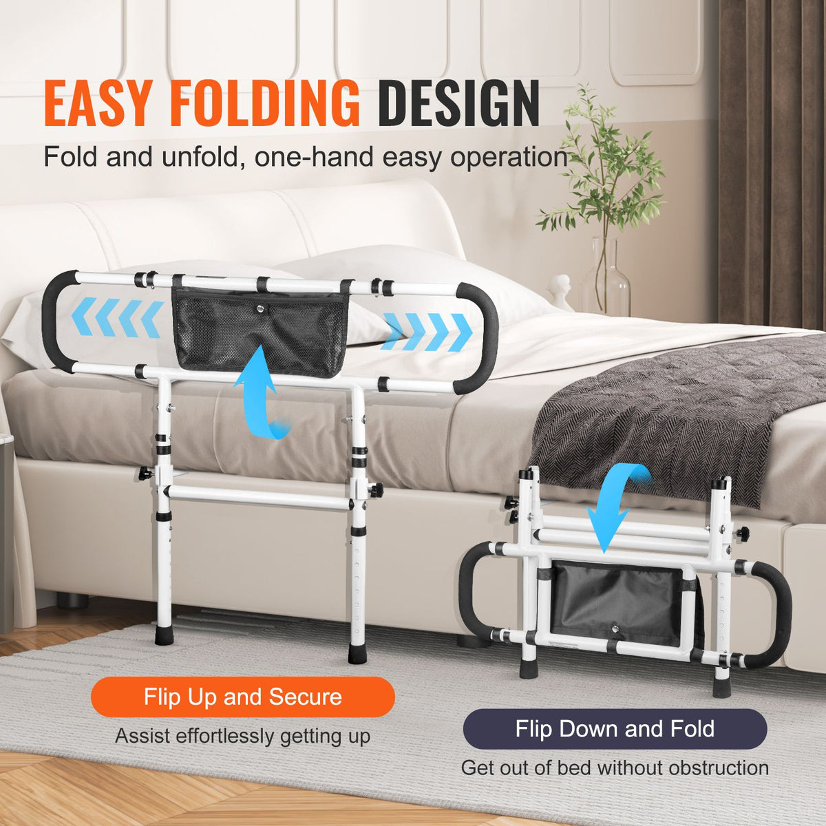 Bed Rails for Elderly Adults, 180° Foldable Bed Assist Rails for Seniors, 450LBS Loading Bed Side Rails Bed Cane with 4-Level Adjustable Handle, Storage Pocket Fits King Queen Full Twin Bed