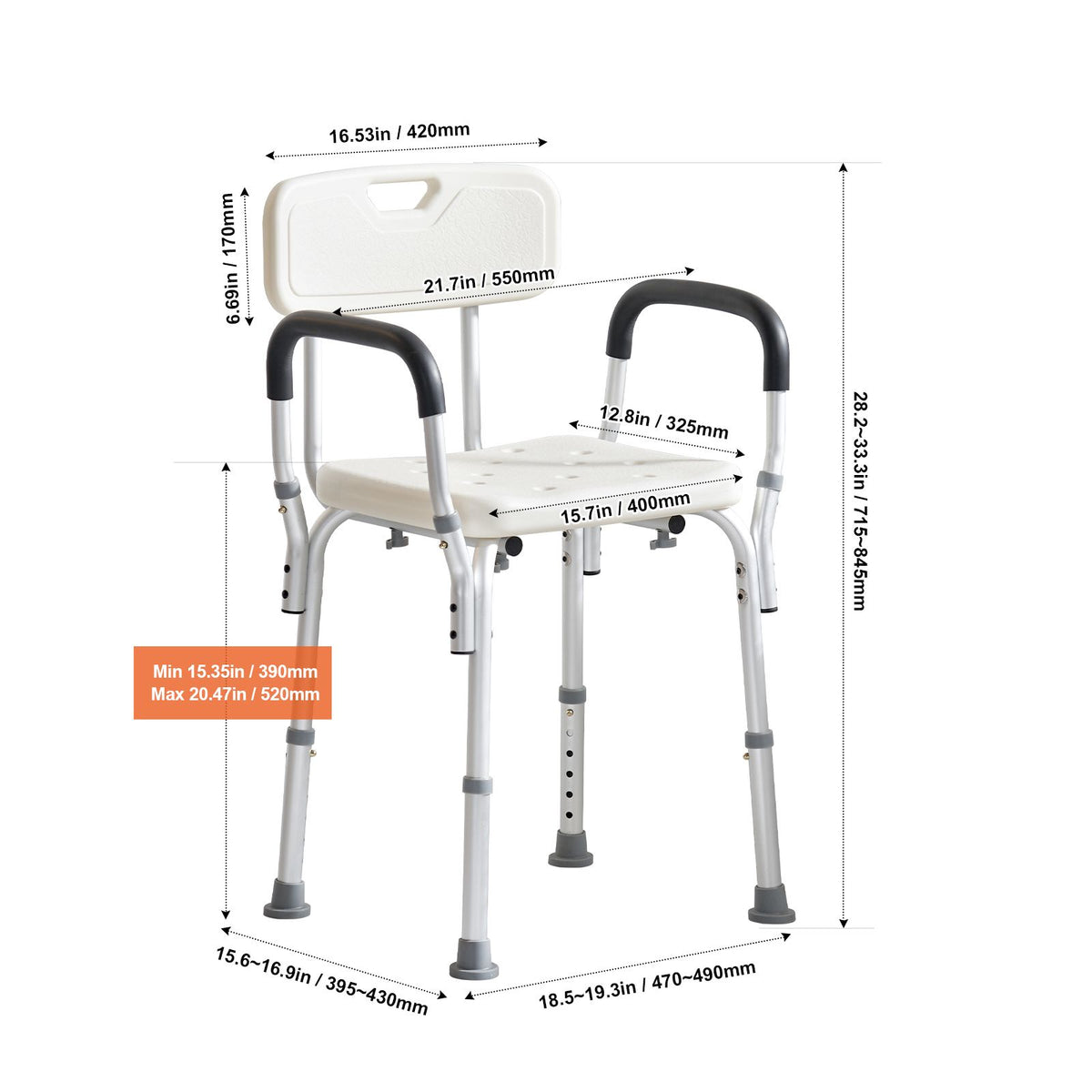 Shower Chair, Shower Seat with Back, Adjustable Height Shower Stool, Shower Chair for Inside Shower Bathtub, Non-slip Bathroom Bench Bath Chair for Elderly Disabled Handicap, 350 LBS Capacity