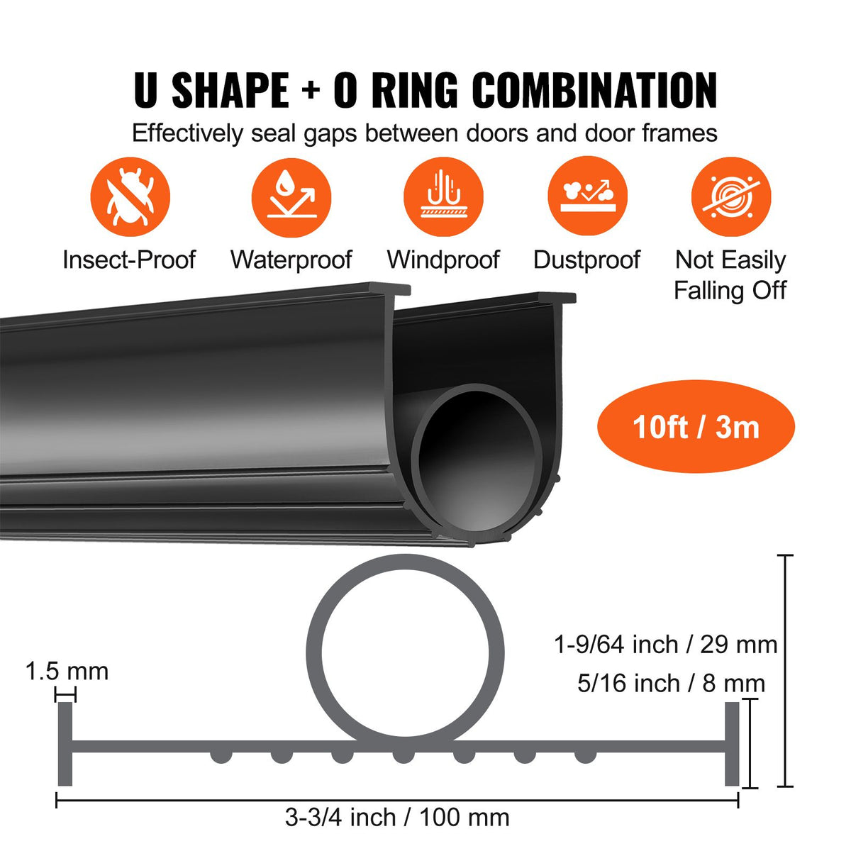 garage door seals bottom rubber, u shape +o ring garage door weather stripping, universal weatherproof threshold buffering sealing rubber , 5/16 inch t-ends and 3 3/4 inch width (10 ft, black)