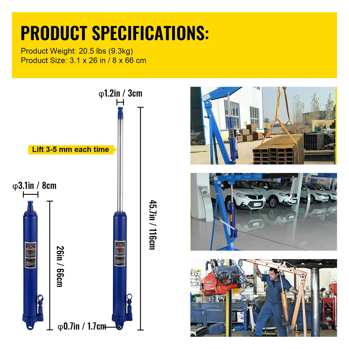 hydraulic long ram jack, 8 tons/17363 lbs capacity, with single piston pump and clevis base, manual cherry picker with handle, for garage/shop cranes, engine lift hoist, blue