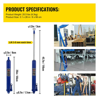 Hydraulic Long Ram Jack, 8 Tons/17363 lbs Capacity, with Single Piston Pump and Clevis Base, Manual Cherry Picker with Handle, for Garage/Shop Cranes, Engine Lift Hoist, Blue