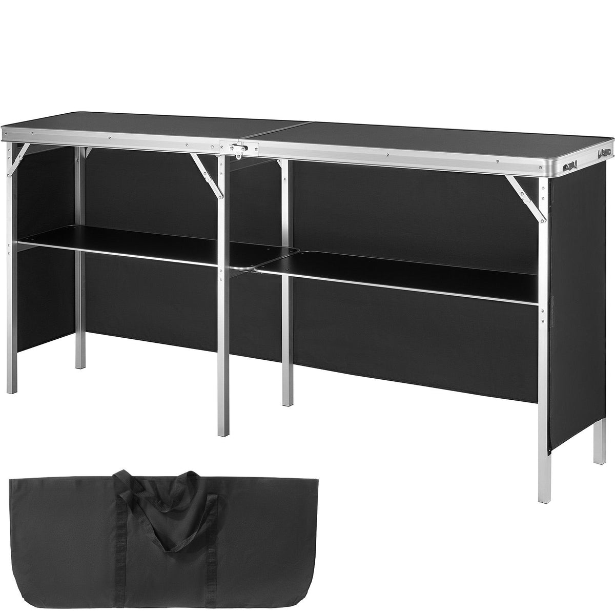 extra long folding portable bar table - tradeshow podium table for indoor, outdoor, party, picnic, exhibition, includes carrying case, storage shelf and black skirt, 77.95" x 15.16" x 34.65"