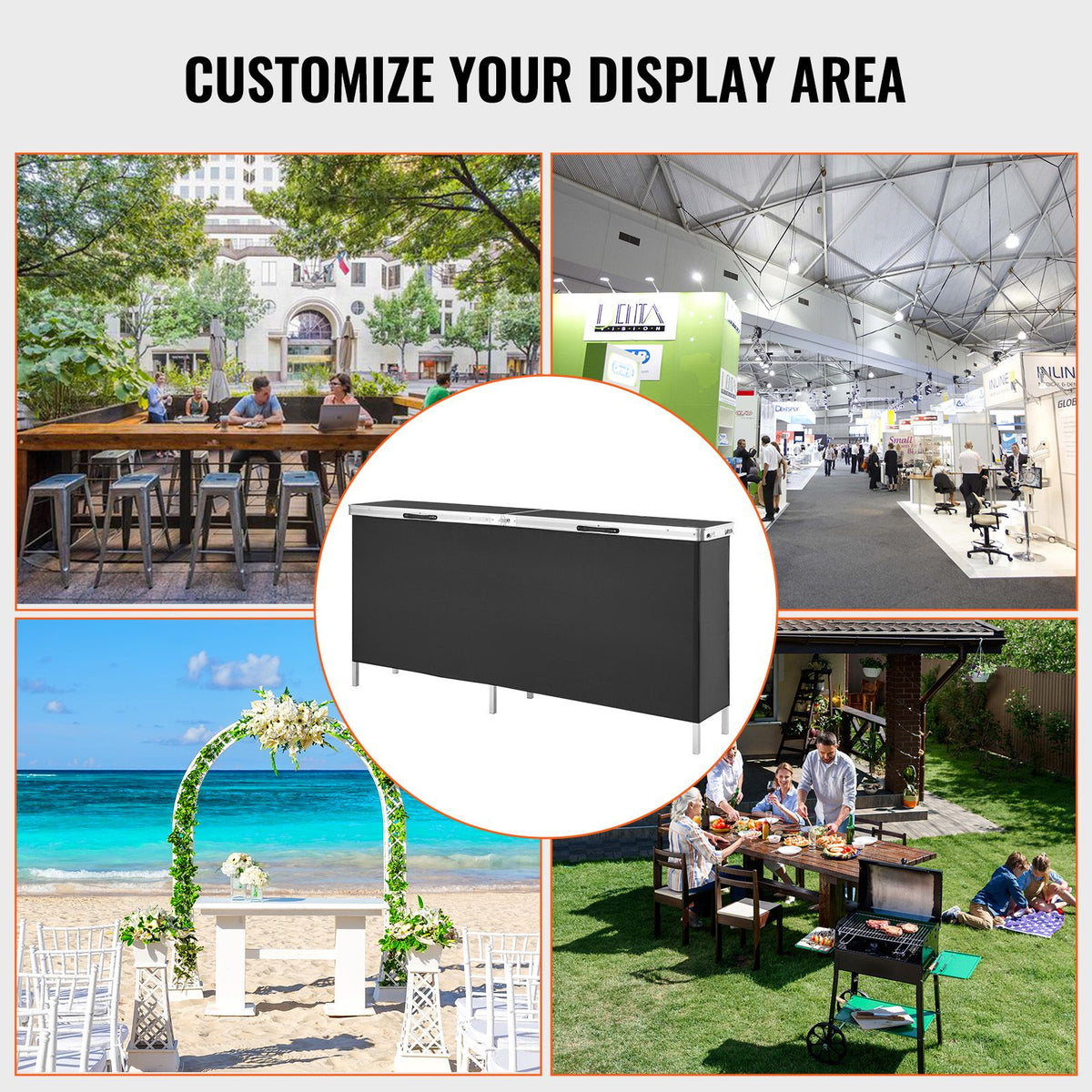 extra long folding portable bar table - tradeshow podium table for indoor, outdoor, party, picnic, exhibition, includes carrying case, storage shelf and black skirt, 77.95" x 15.16" x 34.65"