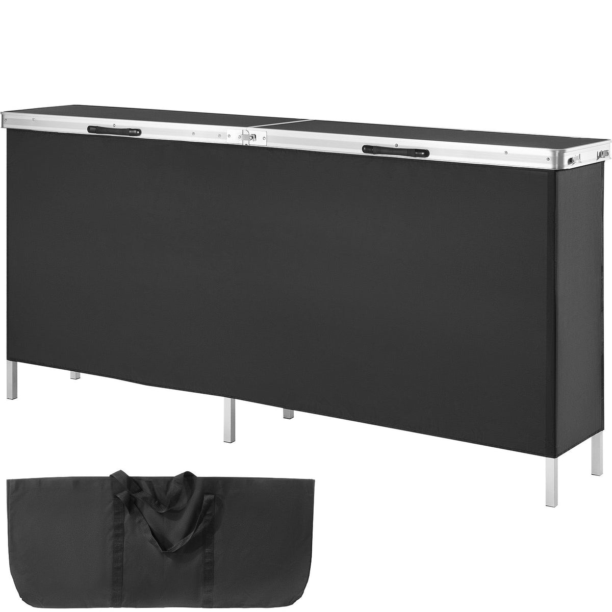 extra long folding portable bar table - tradeshow podium table for indoor, outdoor, party, picnic, exhibition, includes carrying case, storage shelf and black skirt, 77.95" x 15.16" x 34.65"