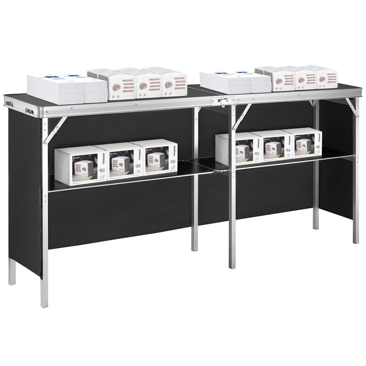 Extra Long Folding Portable Bar Table - Tradeshow Podium Table for Indoor, Outdoor, Party, Picnic, Exhibition, Includes Carrying Case, Storage Shelf and Black Skirt, 77.95" x 15.16" x 34.65"