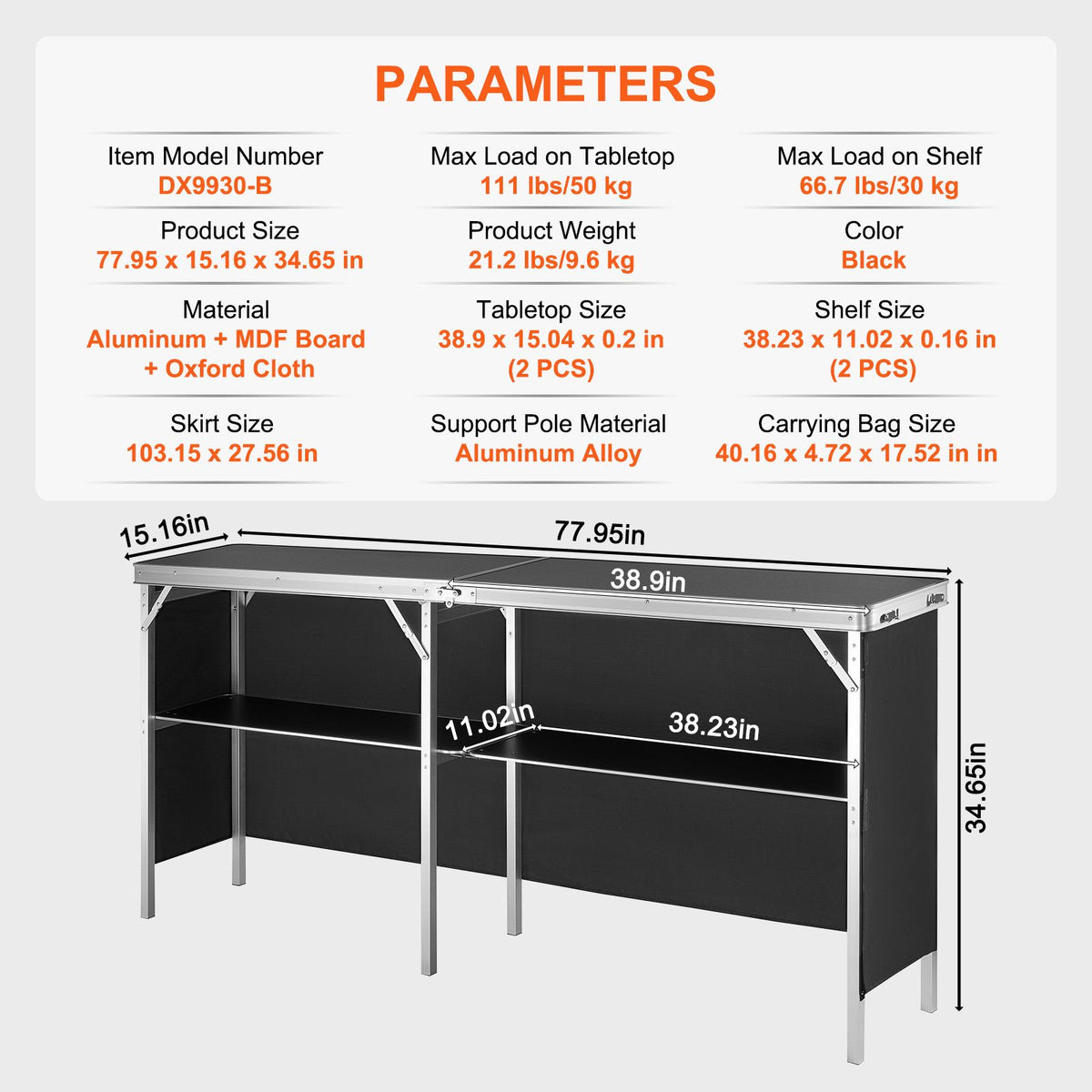 extra long folding portable bar table - tradeshow podium table for indoor, outdoor, party, picnic, exhibition, includes carrying case, storage shelf and black skirt, 77.95" x 15.16" x 34.65"
