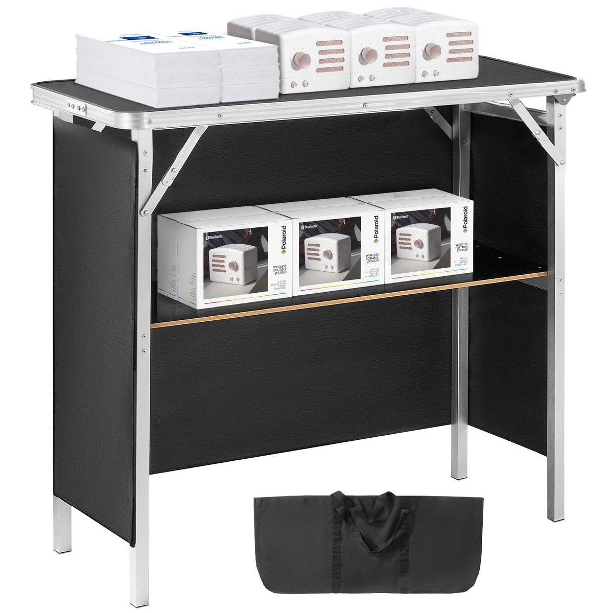 folding portable bar table, tradeshow podium table for indoor, outdoor, party, picnic, exhibition, includes carrying case, storage shelf and black skirt, 38.39" x 15.16" x 34.25"