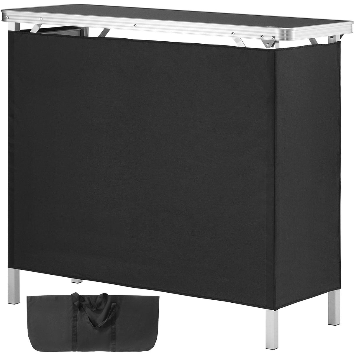 folding portable bar table, tradeshow podium table for indoor, outdoor, party, picnic, exhibition, includes carrying case, storage shelf and black skirt, 38.39" x 15.16" x 34.25"