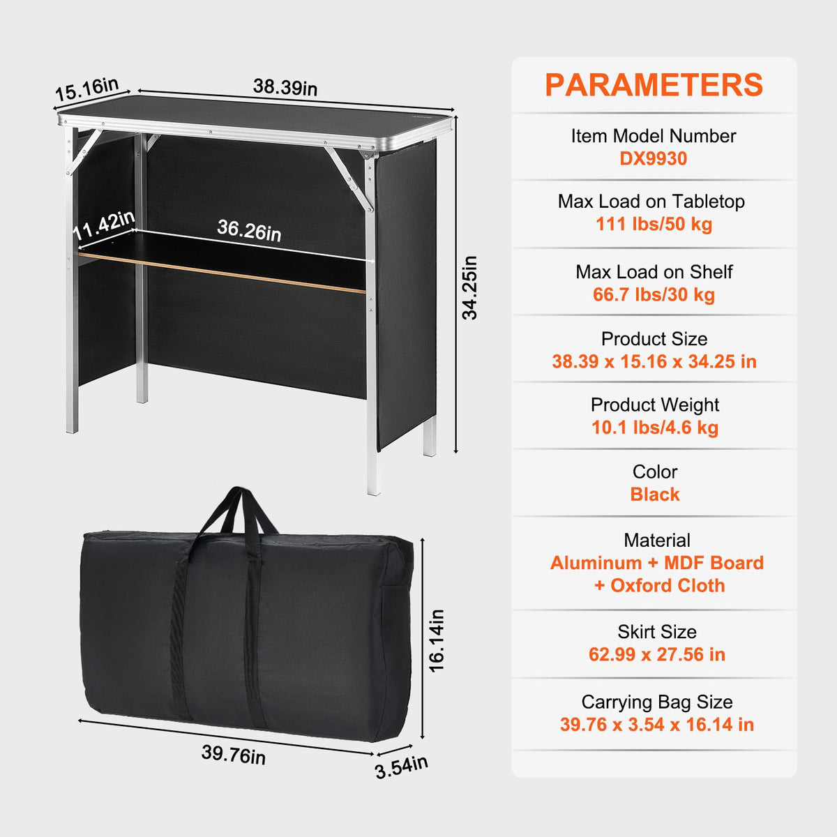 folding portable bar table, tradeshow podium table for indoor, outdoor, party, picnic, exhibition, includes carrying case, storage shelf and black skirt, 38.39" x 15.16" x 34.25"