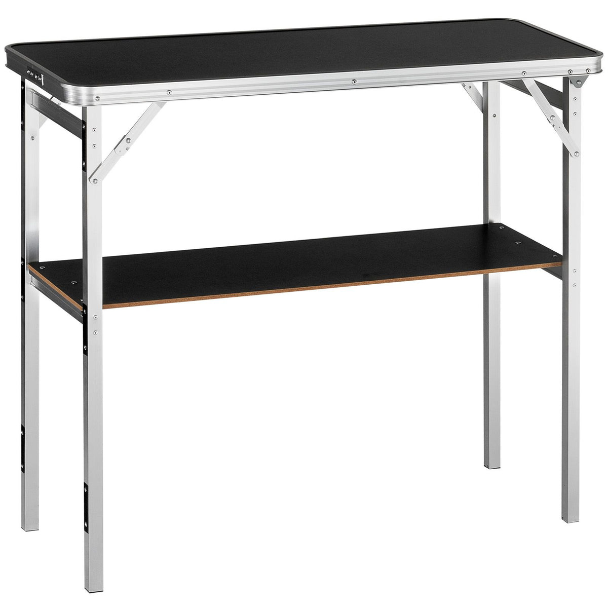 folding portable bar table, tradeshow podium table for indoor, outdoor, party, picnic, exhibition, includes carrying case, storage shelf and black skirt, 38.39" x 15.16" x 34.25"