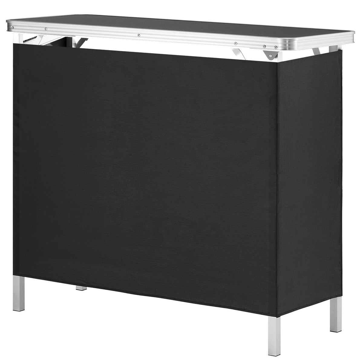 folding portable bar table, tradeshow podium table for indoor, outdoor, party, picnic, exhibition, includes carrying case, storage shelf and black skirt, 38.39" x 15.16" x 34.25"