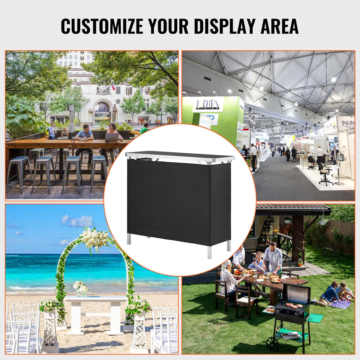 folding portable bar table, tradeshow podium table for indoor, outdoor, party, picnic, exhibition, includes carrying case, storage shelf and black skirt, 38.39" x 15.16" x 34.25"