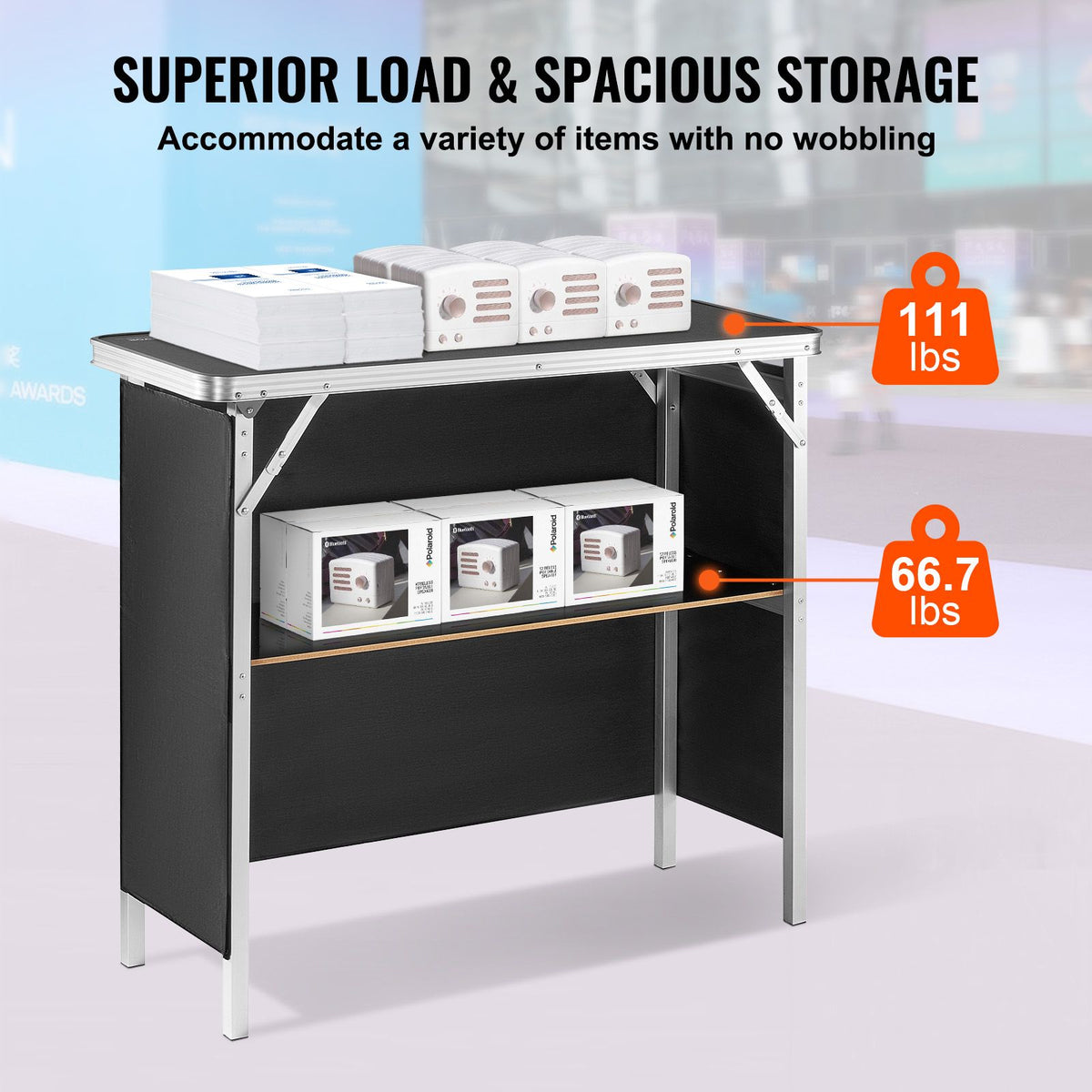 folding portable bar table, tradeshow podium table for indoor, outdoor, party, picnic, exhibition, includes carrying case, storage shelf and black skirt, 38.39" x 15.16" x 34.25"