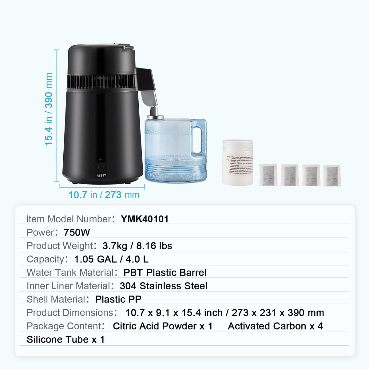 water distiller, 4l 1.05 gallon pure water purifier filter for home countertop, 750w distilled water maker, stainless steel interior distiller water making machine to make clean wa