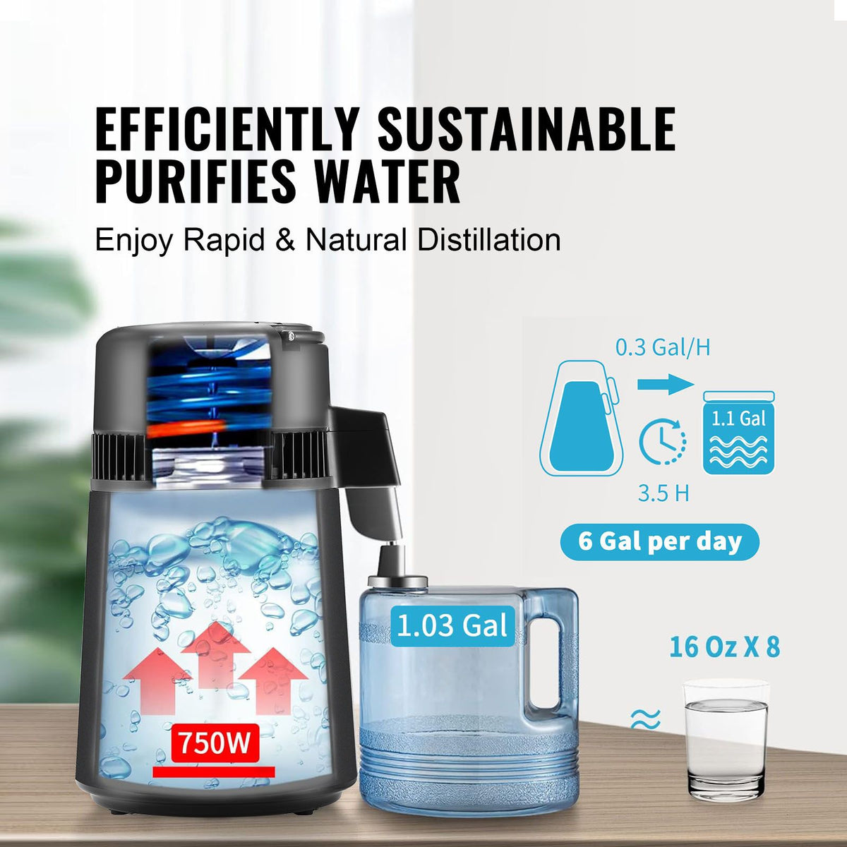 water distiller, 4l 1.05 gallon pure water purifier filter for home countertop, 750w distilled water maker, stainless steel interior distiller water making machine to make clean wa