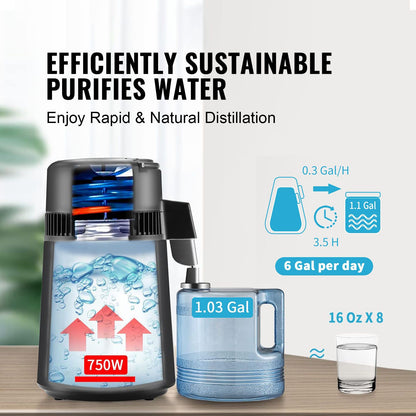 Water Distiller, 4L 1.05 Gallon Pure Water Purifier Filter For Home Countertop, 750W Distilled Water Maker, Stainless Steel Interior Distiller Water Making Machine to Make Clean Wa
