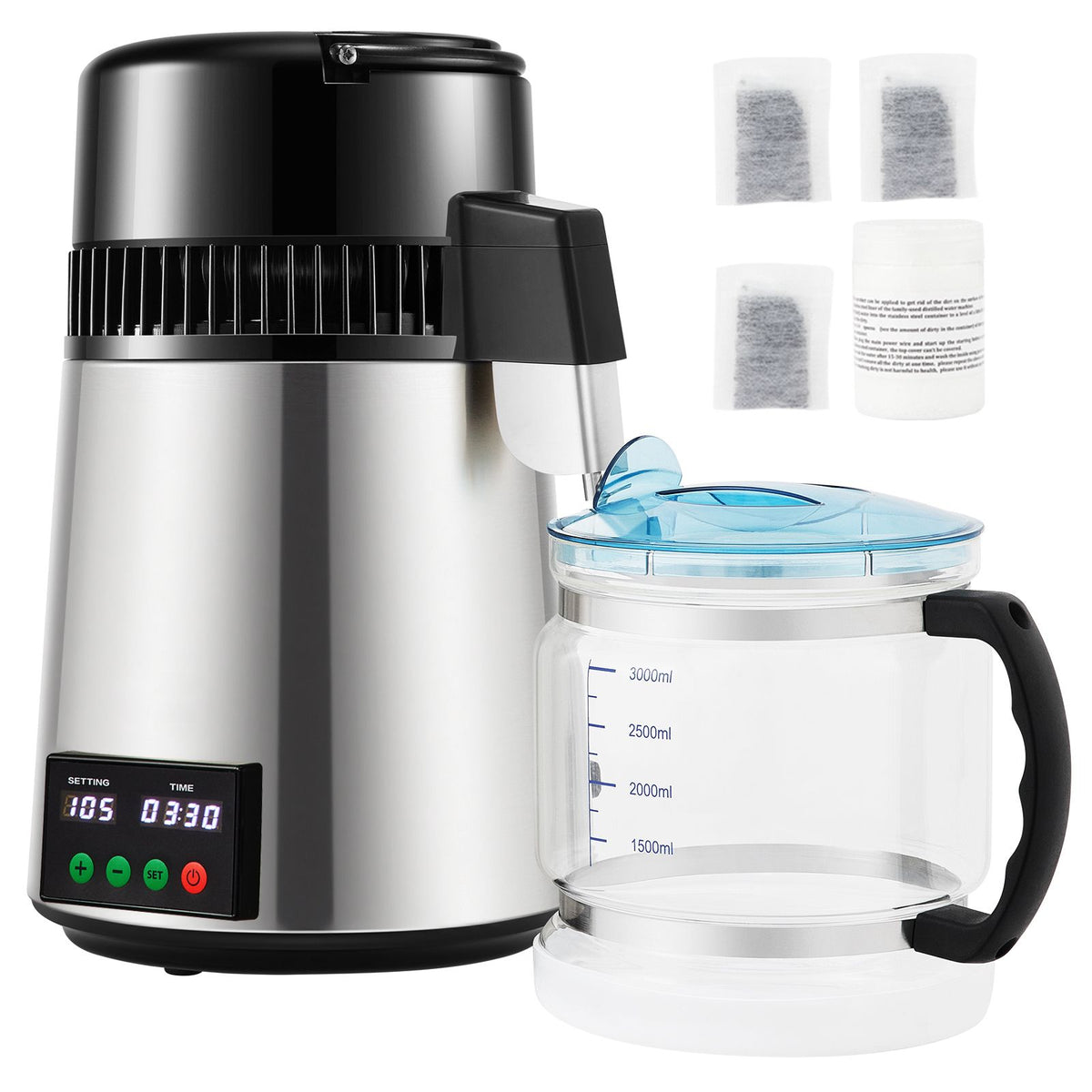 1.1 gal water distiller, 0.3 gal/h, 750w distilled water maker machine 0-99h timing set temp display, 304 stainless steel countertop distiller glass carafe cleaning powder 3 carbon
