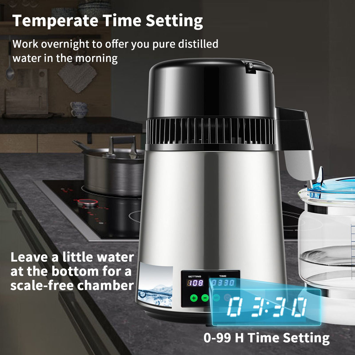 1.1 Gal Water Distiller, 0.3 Gal/H, 750W Distilled Water Maker Machine 0-99H Timing Set Temp Display, 304 Stainless Steel Countertop Distiller Glass Carafe Cleaning Powder 3 Carbon