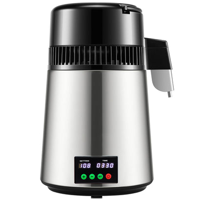 1.1 Gal Water Distiller, 0.3 Gal/H, 750W Distilled Water Maker Machine 0-99H Timing Set Temp Display, 304 Stainless Steel Countertop Distiller Glass Carafe Cleaning Powder 3 Carbon