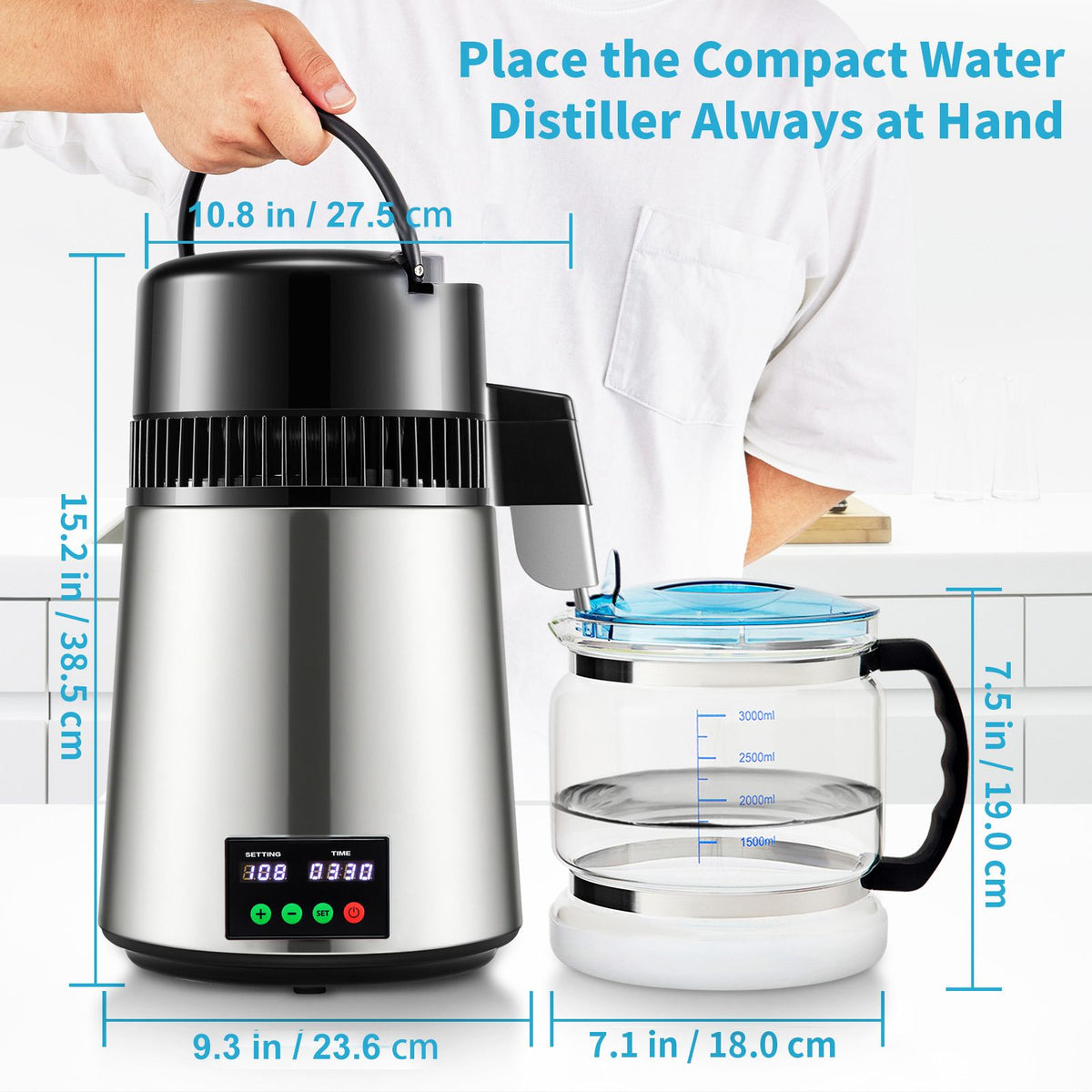 1.1 gal water distiller, 0.3 gal/h, 750w distilled water maker machine 0-99h timing set temp display, 304 stainless steel countertop distiller glass carafe cleaning powder 3 carbon