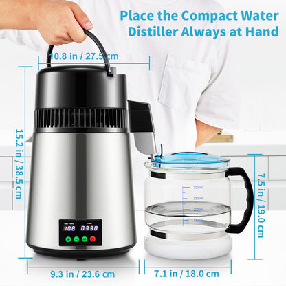 1.1 Gal Water Distiller, 0.3 Gal/H, 750W Distilled Water Maker Machine 0-99H Timing Set Temp Display, 304 Stainless Steel Countertop Distiller Glass Carafe Cleaning Powder 3 Carbon
