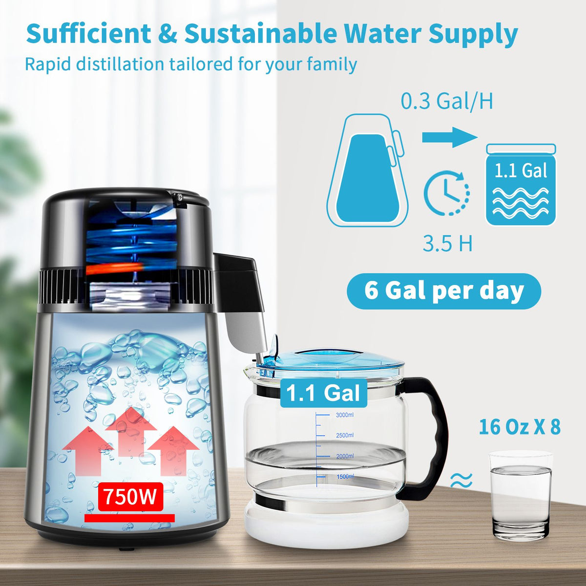 1.1 gal water distiller, 0.3 gal/h, 750w distilled water maker machine 0-99h timing set temp display, 304 stainless steel countertop distiller glass carafe cleaning powder 3 carbon