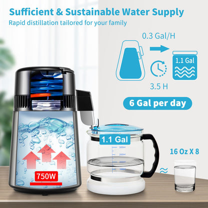 1.1 Gal Water Distiller, 0.3 Gal/H, 750W Distilled Water Maker Machine 0-99H Timing Set Temp Display, 304 Stainless Steel Countertop Distiller Glass Carafe Cleaning Powder 3 Carbon