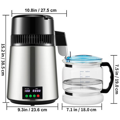 1.1 Gal Water Distiller, 0.3 Gal/H, 750W Distilled Water Maker Machine 0-99H Timing Set Temp Display, 304 Stainless Steel Countertop Distiller Glass Carafe Cleaning Powder 3 Carbon