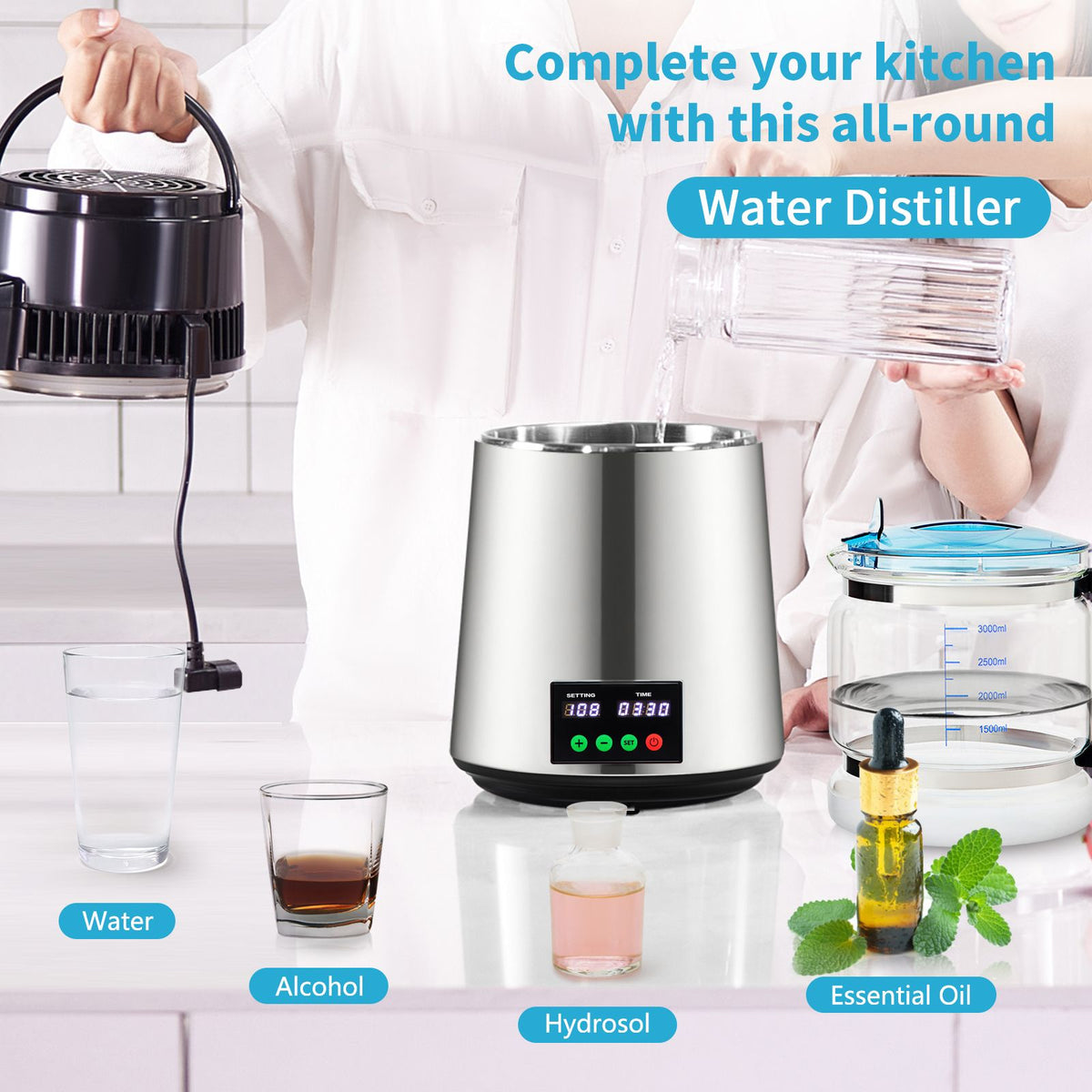 1.1 gal water distiller, 0.3 gal/h, 750w distilled water maker machine 0-99h timing set temp display, 304 stainless steel countertop distiller glass carafe cleaning powder 3 carbon