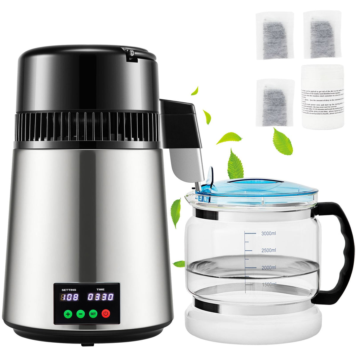 1.1 gal water distiller, 0.3 gal/h, 750w distilled water maker machine 0-99h timing set temp display, 304 stainless steel countertop distiller glass carafe cleaning powder 3 carbon