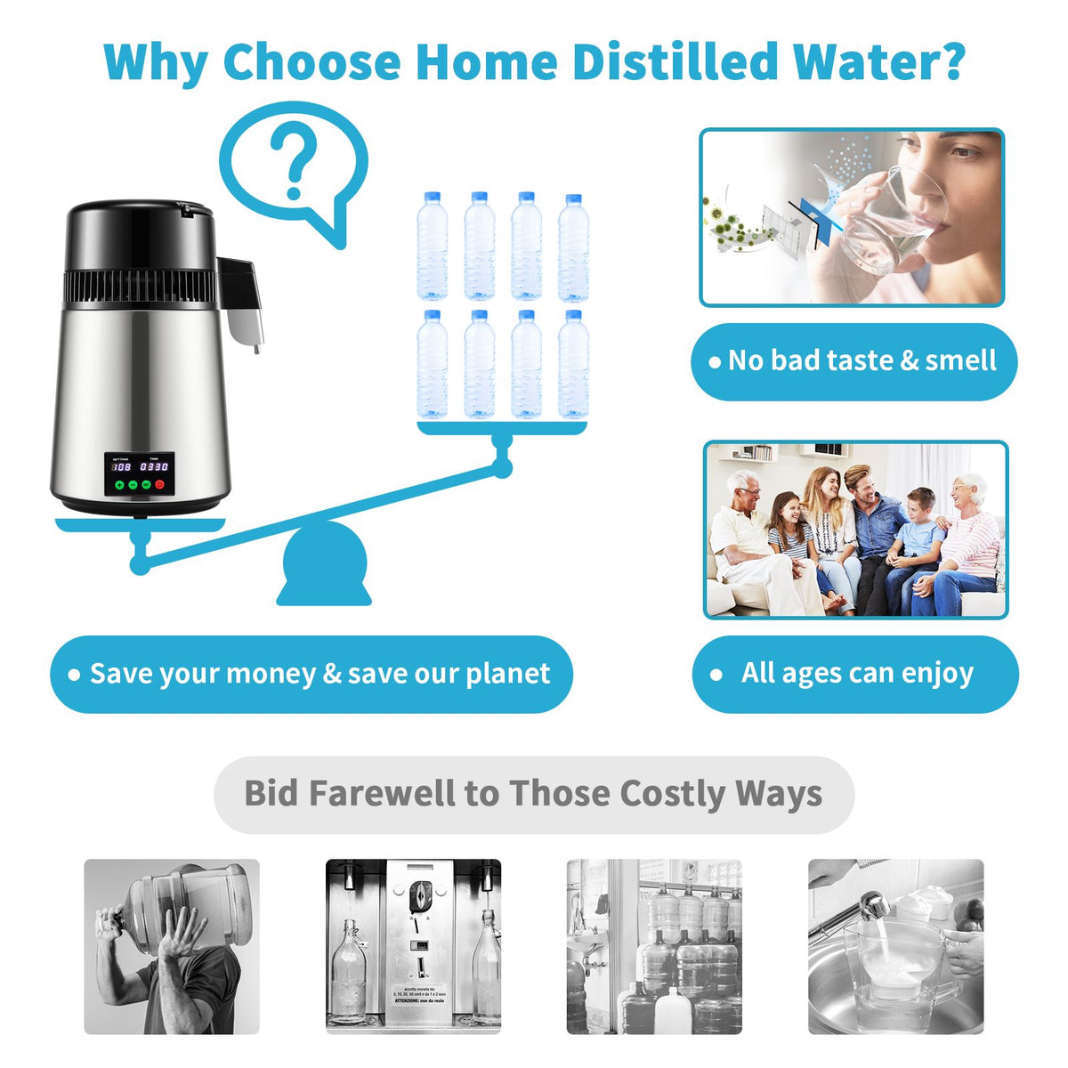 1.1 gal water distiller, 0.3 gal/h, 750w distilled water maker machine 0-99h timing set temp display, 304 stainless steel countertop distiller glass carafe cleaning powder 3 carbon