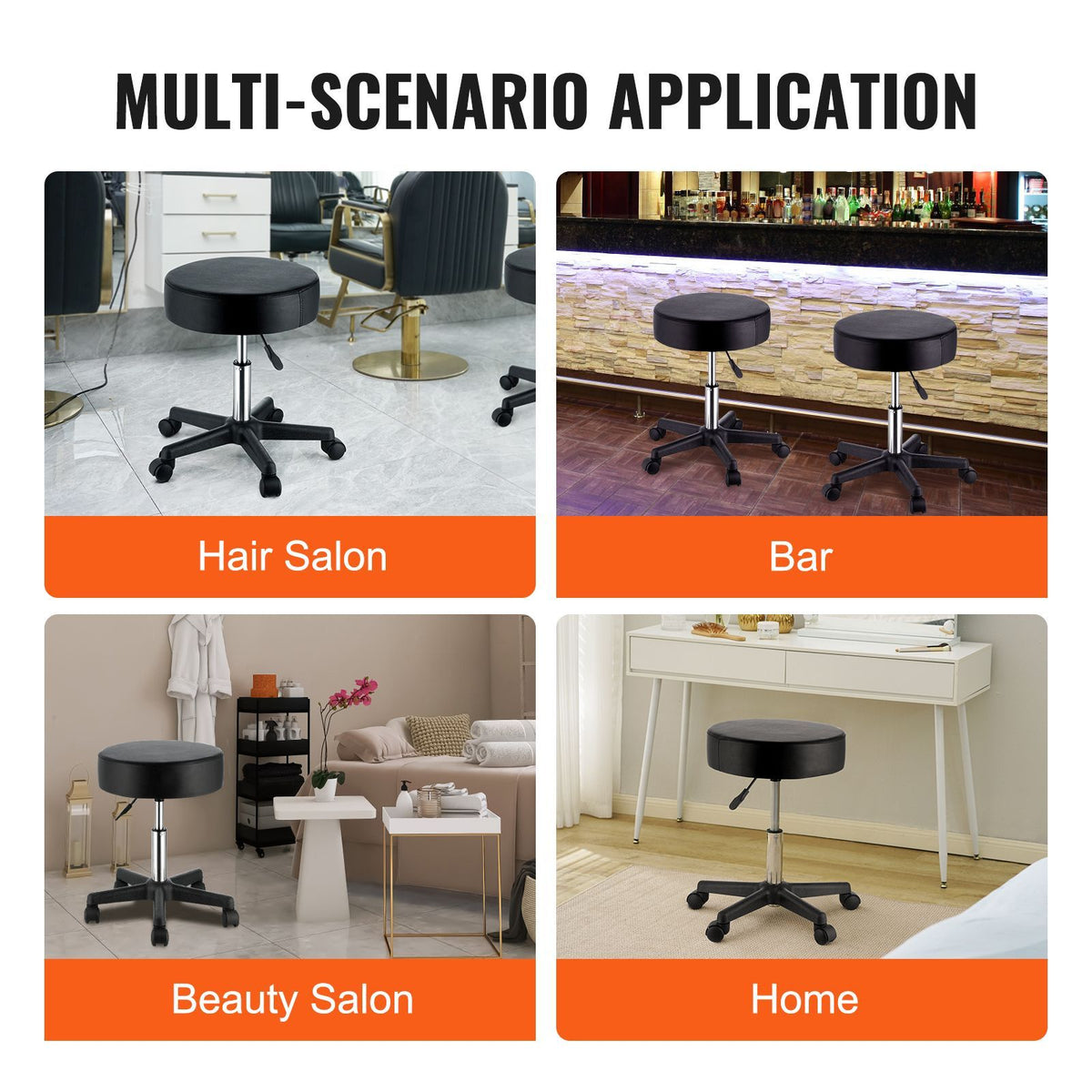 rolling stools with wheels, 400 lbs weight capacity adjustable height stool with ultra-thick seat cushion, swivel stools chair for salon, bar, home, office, tatoo, medical, massage, black