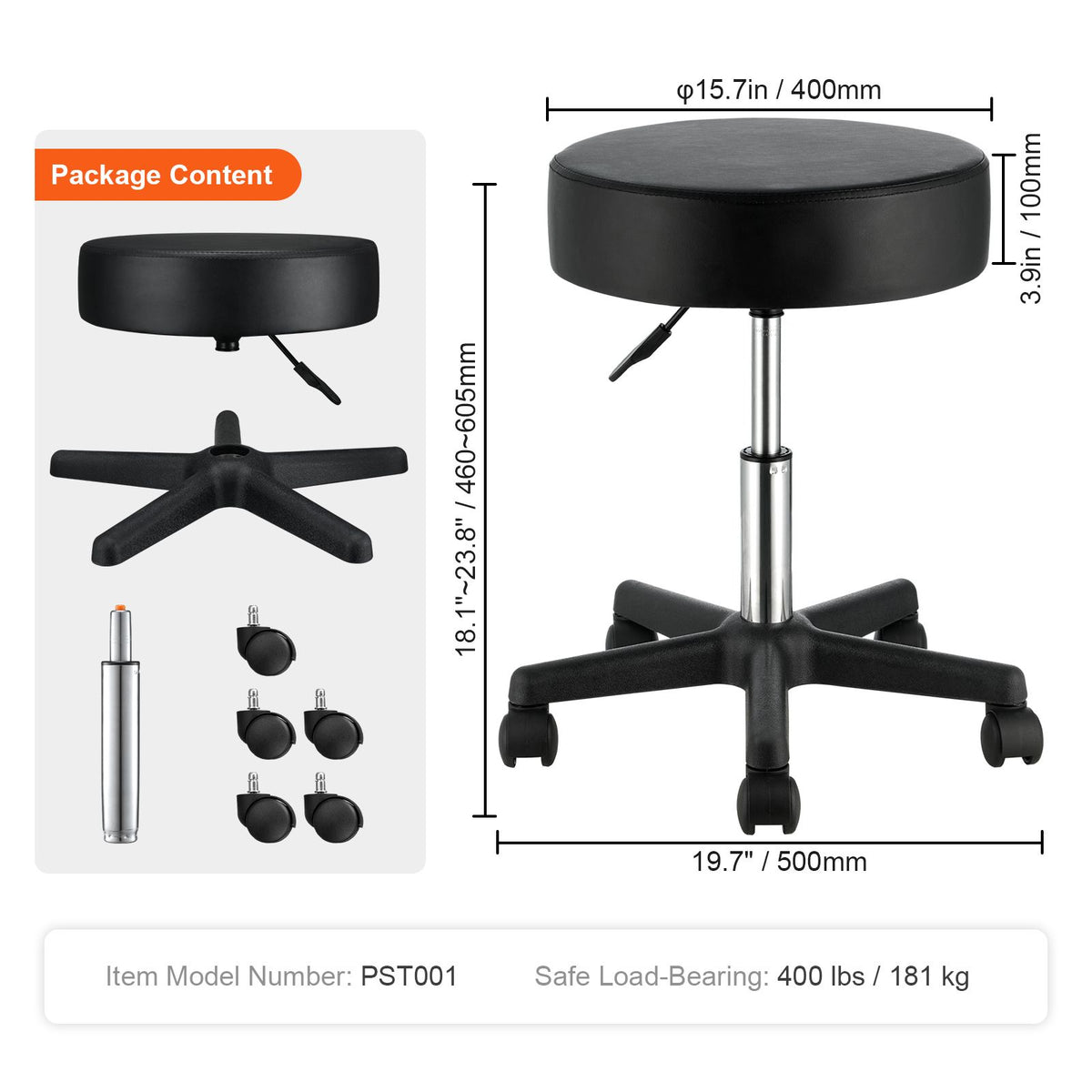 rolling stools with wheels, 400 lbs weight capacity adjustable height stool with ultra-thick seat cushion, swivel stools chair for salon, bar, home, office, tatoo, medical, massage, black